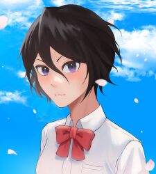 Rule 34 | 1girl, black hair, bleach, blue sky, blurry, blush, bow, bowtie, close-up, closed mouth, collared shirt, commentary, day, depth of field, double-parted bangs, eyelashes, falling petals, floating hair, gwao ( ul 13), hair between eyes, highres, korean commentary, kuchiki rukia, lips, looking at viewer, outdoors, petals, purple eyes, red bow, red bowtie, school uniform, shirt, short hair, sky, smile, solo, tsurime, v-shaped eyebrows, white shirt, wind