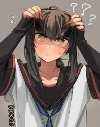 Rule 34 | 1girl, ?, ??, arms up, artist logo, artist name, bite mark, bite mark on neck, black sailor collar, black shirt, blue neckerchief, blush, bright pupils, brown hair, closed mouth, collarbone, commentary request, confused, ergot, flying sweatdrops, fubuki (kancolle), fubuki kai ni (kancolle), green eyes, green nails, grey background, hair between eyes, hands on own head, horns, kantai collection, long sleeves, looking up, low ponytail, nail polish, neckerchief, necktie, red horns, sailor collar, school uniform, serafuku, shirt, sidelocks, simple background, solo, sweatdrop, upper body, white pupils, white shirt