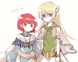 Rule 34 | 1boy, 1girl, ?, ??, androgynous, bad id, bad pixiv id, blonde hair, blue eyes, blush stickers, bridal gauntlets, capelet, cloak, cosplay, costume switch, crossdressing, dress, feather hair ornament, feathers, fire emblem, fire emblem: the blazing blade, gloves, green dress, green eyes, hair ornament, jewelry, long hair, lucius (fire emblem), nintendo, pendant, priscilla (fire emblem), red hair, robe, sash, see-through, shaded face, short hair, simple background, skirt, sushitarou, trap, upper body, white background, white gloves, wide sleeves