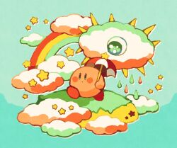 Rule 34 | :o, blue background, blue eyes, blush, blush stickers, closed mouth, cloud, commentary, copy ability, holding, holding umbrella, kirby, kirby&#039;s dream land, kirby (series), kracko, maniani, nintendo, no humans, one-eyed, parasol, parasol kirby, rainbow, simple background, spikes, star (symbol), umbrella, walking, water drop