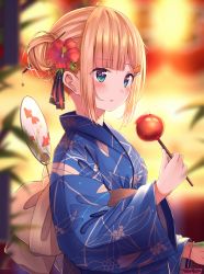 Rule 34 | 1girl, blonde hair, blue eyes, blue kimono, blunt bangs, blurry, blurry background, blurry foreground, blush, bow, brown bow, candy apple, commentary request, depth of field, enuni, flower, food, food-themed hair ornament, hair bun, hair flower, hair ornament, hairclip, hand fan, hand up, highres, holding, holding food, japanese clothes, kimono, long sleeves, looking away, obi, orange hair ornament, original, paper fan, parted lips, red flower, sash, sidelocks, single hair bun, solo, summer festival, uchiwa, upper body, wide sleeves, yukata