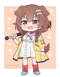 Rule 34 | 1girl, animal ears, bone hair ornament, braid, brown eyes, brown hair, buttons, chibi, club (weapon), commentary, dog ears, dog girl, dog tail, dress, english commentary, extra ears, hair between eyes, hair ornament, hairclip, holding, holding club, holding weapon, hololive, inugami korone, inugami korone (1st costume), jacket, kukie-nyan, long hair, looking at viewer, loose socks, low twin braids, open clothes, open jacket, open mouth, red legwear, smile, socks, solo, tail, twin braids, twintails, twitter username, virtual youtuber, weapon, white dress, yellow jacket