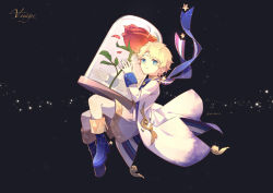 Rule 34 | 1boy, a ching, black background, blonde hair, blue eyes, blue footwear, blue ribbon, boots, character name, commentary request, fate/grand order, fate/requiem, fate (series), floating, flower, full body, glint, highres, holding, jacket, knee boots, long sleeves, looking at viewer, male focus, open clothes, open jacket, oversized object, red flower, red rose, reflection, ribbon, rose, shorts, sidelocks, simple background, smile, solo, star (symbol), starry background, twitter username, voyager (fate), voyager (second ascension) (fate), waistcoat, white jacket, white shorts