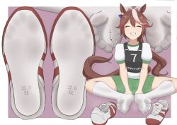 Rule 34 | 1girl, absurdres, animal ears, blush, border, bow, braid, breasts, brown hair, closed eyes, commentary request, crossed legs, ear bow, facing viewer, feet, footprints, french braid, green shorts, grin, gym uniform, highres, horse ears, horse girl, horse tail, looking at viewer, medium breasts, no shoes, on ground, original race uniform (umamusume), puffy short sleeves, puffy sleeves, purple background, race bib, shirt, shoe soles, shoes, short hair, short sleeves, shorts, simple background, sitting, smile, socks, soles, solo, tail, tokai teio (umamusume), treadml, umamusume, unworn shoes, v, white border, white shirt, white socks