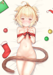 Rule 34 | 1girl, :o, ahoge, andira (granblue fantasy), animal ears, bed, blonde hair, blush, breasts, brown tail, christmas, erune, granblue fantasy, hairband, highres, kimblee, looking at viewer, lying, monkey ears, monkey tail, naked ribbon, navel, on back, on bed, parted lips, red eyes, ribbon, short hair, small breasts, solo, stomach, tail, tail censor, two side up