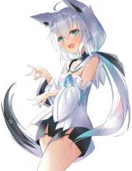 Rule 34 | 1girl, absurdres, animal ears, bad id, bad pixiv id, bare shoulders, black scarf, black shorts, blue eyes, blue neckwear, braid, breasts, detached sleeves, fake tail, fang, fox ears, fox girl, fox tail, highres, hololive, long hair, looking at viewer, open mouth, scarf, shirakami fubuki, shirakami fubuki (1st costume), shorts, simple background, small breasts, smile, solo, standing, star (symbol), tail, thighs, very long hair, virtual youtuber, white background, white hair, white tail, yuzuno kaori