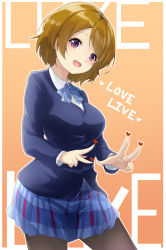 Rule 34 | 10s, 1girl, :d, bad perspective, black pantyhose, blazer, blue bow, blue bowtie, blue skirt, bow, bowtie, brown hair, copyright name, enatsu, heart, highres, jacket, koizumi hanayo, long sleeves, looking at viewer, love live!, love live! school idol project, open mouth, orange background, outline, pantyhose, plaid, plaid skirt, purple eyes, school uniform, short hair, skirt, smile, solo, striped bow, striped bowtie, striped clothes, striped neckwear, w, white outline