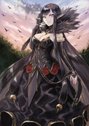 Rule 34 | 1girl, bird, black dress, black hair, breasts, bridal gauntlets, cleavage, day, detached sleeves, dress, fate/apocrypha, fate (series), floating island, highres, large breasts, long hair, looking at viewer, outdoors, pointy ears, semiramis (fate), sleeveless, sleeveless dress, smile, solo, standing, strapless, strapless dress, usuke (u skeeep), very long hair, yellow eyes