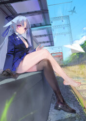 Rule 34 | 1girl, absurdres, aircraft, airplane, animal ears, black footwear, black thighhighs, blue jacket, blue ribbon, blurry, blurry foreground, breasts, cleavage, closed mouth, cloud, cloudy sky, collared shirt, crossed legs, day, depth of field, feet, floppy ears, full body, grey hair, hair ribbon, hand up, highres, jacket, jet, large breasts, legs, lens flare, loafers, long hair, long sleeves, looking at viewer, miniskirt, no shoes, original, outdoors, paper airplane, parted bangs, partially unbuttoned, pleated skirt, prossss, purple eyes, railroad tracks, ribbon, shirt, shoes, single bare leg, skirt, sky, solo, sweatdrop, thighhighs, thighs, toenails, toes, train station platform, unworn shoes, unworn thighhighs, white shirt