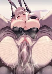 Rule 34 | 1boy, 1girl, animal ears, arknights, ass, blush, breasts, censored, cum, cum in pussy, dark-skinned male, dark skin, fake animal ears, fishnets, hetero, highres, large breasts, leotard, lifting another&#039;s clothes, mudrock (arknights), nipples, nyamota, open mouth, penis, playboy bunny, pubic hair, puffy nipples, pussy, red eyes, reverse suspended congress, sex, sex from behind, vaginal