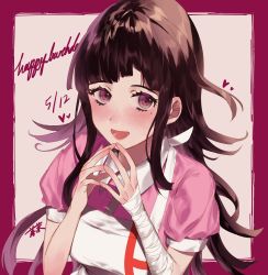 Rule 34 | 1girl, absurdres, apron, bandages, bandaged arm, bandages, black hair, blush, breasts, danganronpa (series), dated, fingers together, framed, happy birthday, heart, highres, kureha221, large breasts, long hair, looking at viewer, messy hair, mole, mole under eye, nurse, pink shirt, puffy short sleeves, puffy sleeves, purple eyes, shirt, short sleeves, sidelocks, signature, smile, solo, danganronpa 2: goodbye despair, tsumiki mikan, white apron
