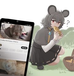 Rule 34 | 1girl, ?, absurdres, animal ears, basket, black footwear, capelet, cheese, crystal, dress, eating, food, grey dress, grey hair, grey skirt, grey vest, highres, jewelry, layered clothes, long sleeves, mata (matasoup), mouse (animal), mouse ears, mouse girl, mouse tail, nazrin, pendant, red eyes, shirt, shoes, short hair, skirt, skirt set, socks, solo, tail, touhou, vest, white capelet, white shirt