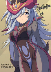 Rule 34 | 1girl, absurdres, black dress, breasts, character name, dress, duel monster, grey eyes, grey hair, hair over one eye, hat, highres, long hair, medium breasts, red dress, silent magician, solo, usuba kagerou (shougyouchu), witch, witch hat, yu-gi-oh!