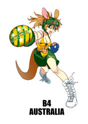 Rule 34 | 1girl, 2014 fifa world cup, absurdres, australia, boots, boxing gloves, breasts, brown hair, cleavage, cross-laced footwear, crown, green eyes, highres, kangaroo ears, kangaroo tail, lace-up boots, nike (company), open mouth, original, pouch, punching, shorts, simple background, solo, white background, world cup, yu yanshu