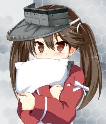 Rule 34 | 10s, 1girl, blush, bow, brown eyes, brown hair, covering own mouth, hair between eyes, honeycomb (pattern), honeycomb background, hugging object, icetiina, japanese clothes, kantai collection, kariginu, long hair, long sleeves, looking at viewer, personification, pillow, pillow hug, ryuujou (kancolle), solo, twintails, visor cap, white bow