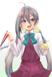 Rule 34 | 1girl, ahoge, bowl, chopsticks, commentary request, cowboy shot, grey eyes, grey hair, grey pantyhose, hair between eyes, hair ribbon, halterneck, kamijou sadame, kantai collection, kiyoshimo (kancolle), long hair, looking at viewer, low twintails, one-hour drawing challenge, open mouth, pantyhose, ribbon, school uniform, shirt, simple background, smile, solo, standing, teeth, twintails, upper teeth only, very long hair, white background, white shirt