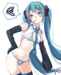 Rule 34 | 1girl, alternate costume, aqua bikini, aqua eyes, aqua hair, aqua necktie, between breasts, bikini, black sleeves, black thighhighs, blush, borrowed design, breasts, commentary, cowboy shot, detached sleeves, hair ornament, hand on own hip, hatsune miku, headphones, headset, highres, long hair, looking at viewer, mai mugi, meme, meme attire, micro bikini, miku collar bikini, necktie, necktie between breasts, open mouth, shirt, shoulder belt, signature, simple background, solo, speech bubble, spoken squiggle, squiggle, striped bikini, striped clothes, swimsuit, thighhighs, twintails, two-tone bikini, very long hair, vocaloid, white background