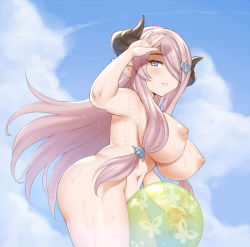 Rule 34 | 10s, 1girl, ball, breasts, cow girl, cow horns, draph, female focus, granblue fantasy, hair ornament, hair over one eye, hairclip, horns, huge breasts, lang (chikage36), long hair, narmaya (granblue fantasy), navel, nipples, nude, outdoors, perky breasts, pink hair, pointy ears, puffy nipples, purple eyes, sky, solo, standing, summer, sweat, thighs