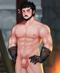 Rule 34 | 1boy, abs, bara, barra.kun.7, beard, black eyes, black hair, blacksmith, blush, brown gloves, bulge, completely nude, embarrassed, facial hair, flaccid, genshin impact, gloves, hands on own hips, highres, large pectorals, male focus, male pubic hair, mature male, motion lines, muscular, muscular male, mustache, navel, navel hair, nipples, nude, pectorals, penis, pubic hair, short hair, solo, stomach, thighs, uncensored, wagner (genshin impact)
