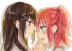 Rule 34 | 2girls, black hair, blush, clenched hands, green eyes, hair ornament, hairclip, hand on another&#039;s hand, incest, kurosawa dia, kurosawa ruby, long hair, looking at another, love live!, love live! sunshine!!, medium hair, mole, mole under mouth, multiple girls, open mouth, profile, red hair, school uniform, serafuku, siblings, sisters, smile, sudach koppe, two side up, white background, yuri