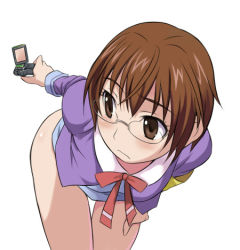 Rule 34 | 00s, 1girl, bent over, blush, body exploration, bottomless, bow, brown eyes, brown hair, camera, cellphone, glasses, looking back, lowres, maruto!, masuko mika, phone, precure, selfie, short hair, simple background, solo, yes! precure 5