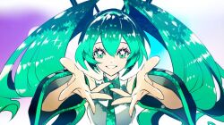 Rule 34 | 1girl, black sleeves, blue background, breasts, collared shirt, commentary, detached sleeves, double-parted bangs, english commentary, eyelashes, flower-shaped pupils, gradient background, green eyes, green hair, green necktie, grey shirt, grin, hair between eyes, hair ornament, hands up, hatsune miku, highres, long bangs, long hair, looking at viewer, magic: the gathering, manbou no ane, multicolored background, necktie, official art, outstretched hand, purple background, reaching, reaching towards viewer, shirt, sleeveless, sleeveless shirt, smile, solo, spread fingers, straight-on, symbol-shaped pupils, twintails, upper body, vocaloid, white background