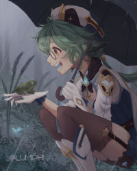 Rule 34 | 1girl, absurdres, animal ears, artist name, frog, from side, garter straps, genshin impact, glasses, gloves, grass, green eyes, green hair, hat, highres, holding, holding umbrella, low ponytail, lumiphi, open mouth, rain, round eyewear, smile, solo, squatting, sucrose (genshin impact), teeth, thighhighs, umbrella, yellow eyes