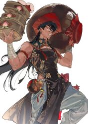 Rule 34 | 1boy, arm wrap, armlet, atie1225, baggy pants, bamboo steamer, black hair, bright pupils, changpao, chinese clothes, cowboy shot, dark-skinned male, dark skin, dumpling, ear piercing, food, groin, hands up, highres, holding, holding vase, long hair, looking at viewer, male focus, mandarin collar, open mouth, original, pants, pectoral cleavage, pectorals, pelvic curtain, piercing, red eyes, scar, scar on arm, side slit, simple background, skin tight, sleeveless, solo, standing, toned, toned male, vase, very long hair, walking, white background, white pupils