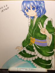 Rule 34 | 1girl, art tools in frame, blue hair, blush stickers, closed mouth, dated, from side, green kimono, hand up, highres, japanese clothes, kimono, long sleeves, looking at viewer, looking to the side, marker, marker (medium), mermaid, monster girl, obi, photo (medium), poronegi, purple sash, sash, short hair, signature, simple background, sitting, smile, solo, touhou, traditional media, v, wakasagihime, white background