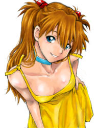 Rule 34 | 00s, 1girl, blue eyes, breasts, brown hair, choker, cleavage, collarbone, dbqp, downblouse, dress, evangelion: 2.0 you can (not) advance, female focus, hand on own hip, head tilt, hip focus, leaning forward, looking at viewer, lowres, medium breasts, neon genesis evangelion, rebuild of evangelion, simple background, smile, solo, souryuu asuka langley, white background, yellow dress