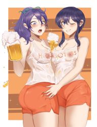 2girls :o ;) absurdres alcohol ass ass_grab beer beer_mug black_hair blush breast_press breasts commission commissioner_upload covered_erect_nipples cup deliciousbrain fir_(fire_emblem) fire_emblem fire_emblem:_genealogy_of_the_holy_war fire_emblem:_the_binding_blade fire_emblem_heroes grabbing grabbing_another&#039;s_ass highres hooters larcei_(fire_emblem) long_hair mug multiple_girls nintendo nipples one_eye_closed open_mouth orange_shorts ponytail purple_eyes shirt short_hair short_shorts shorts simple_background smile wet wet_clothes wet_shirt white_shirt yuri