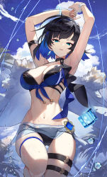 Rule 34 | 1girl, arm strap, armpits, arms up, bikini, black hair, blue hair, blue sky, bracelet, breasts, cloud, colored inner hair, dice, fur-trimmed jacket, fur trim, genshin impact, green eyes, highres, jacket, unworn jacket, jewelry, large breasts, looking at viewer, mole, mole on breast, multicolored hair, navel, parted lips, sarong, scottie (phantom2), short hair, sky, solo, stomach, swimsuit, tassel, thigh strap, two-tone hair, vision (genshin impact), water, water drop, white jacket, yelan (genshin impact)