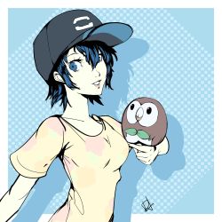 Rule 34 | 1girl, alternate costume, baseball cap, blue eyes, blue hair, breasts, commentary request, creatures (company), crossover, dh (brink of memories), game freak, gen 7 pokemon, hat, highres, holding, looking at viewer, nintendo, persona, persona 4, pokemon, pokemon (creature), pokemon sm, rowlet, shadow, shirogane naoto, shirt, short hair, short sleeves, signature, smile, t-shirt, yellow shirt