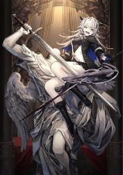 Rule 34 | 1girl, angel statue, animal ears, arknights, black coat, black footwear, black shorts, blue gloves, boots, breasts, buttons, cherub, church, coat, commentary, crossed swords, gloves, grey eyes, highres, holding, holding sword, holding weapon, indoors, instrument, lappland (arknights), lappland (refined horrormare) (arknights), long hair, looking at viewer, material growth, medium breasts, mephisto (angraecum), open clothes, open coat, open mouth, organ (instrument), oripathy lesion (arknights), pillar, pinstripe pattern, scar, scar across eye, scar on face, sharp teeth, shirt, shorts, silver hair, smile, solo, statue, striped, sword, symbol-only commentary, tail, teeth, tongue, upper teeth only, weapon, white shirt, wolf ears, wolf girl, wolf tail