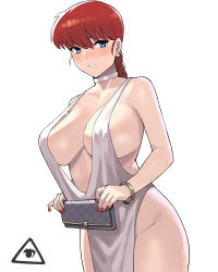 Rule 34 | 1girl, alternate costume, artist logo, blue eyes, blush, bracelet, braid, breasts, choker, clenched teeth, collarbone, commentary, cowboy shot, donburi (donburikazoku), dress, earrings, embarrassed, genderswap, genderswap (mtf), gold bracelet, holding, holding wallet, jewelry, large breasts, long hair, looking at viewer, nail polish, no bra, no panties, open mouth, pearl earrings, plunging neckline, ranma-chan, ranma 1/2, red hair, red nails, simple background, solo, standing, teeth, wallet, white background, white choker, white dress, women&#039;s wallet