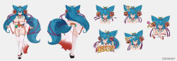 1girl ? animal_ears ass bell black_footwear blue_eyes blue_hair blush breasts cleavage closed_eyes dakunart detached_sleeves drooling facial_scar finger_to_mouth fox_ears fox_girl fox_tail from_behind hair_bell hair_ornament hair_ribbon hairclip holding holding_staff huge_breasts japanese_clothes jingle_bell kamithekitsune kimono long_hair long_sleeves looking_at_viewer looking_to_the_side magatama multiple_views obi open_mouth ponytail purple_ribbon ribbon sandals sash scar scar_on_cheek scar_on_face side_slit sleeping smile staff standing star_(symbol) star_hair_ornament tail teeth thighhighs thinking upper_body white_background white_kimono white_thighhighs wide_sleeves zzz