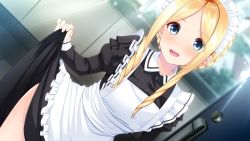 Rule 34 | 1girl, :d, agnes avril, apron, black shirt, black skirt, blonde hair, blue eyes, clothes lift, collared shirt, day, doorway, dress shirt, drill hair, dutch angle, game cg, go-1, lifting own clothes, long hair, long sleeves, looking at viewer, maid, maid headdress, open mouth, otome to fureau hitotsu yane no shita, outdoors, parted bangs, shirt, skirt, skirt lift, smile, solo, standing, sunlight, twin drills, white apron, wing collar