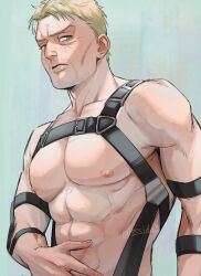 Rule 34 | 1boy, abs, bare pectorals, blonde hair, chest belt, facial hair, goatee stubble, highres, large pectorals, looking to the side, male focus, muscular, muscular male, mustache stubble, nipples, nude, pectorals, reiner braun, shingeki no kyojin, short hair, solo, sssida3, stubble, three-dimensional maneuver gear, upper body