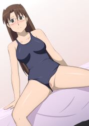 Rule 34 | 1girl, arm support, azumanga daiou, blush, breasts, brown eyes, commentary request, commission, glasses, hall onon, highres, long hair, looking at viewer, medium breasts, mizuhara koyomi, pussy, pussy peek, school swimsuit, skeb commission, split mouth, spread legs, swimsuit, thighs