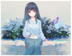 Rule 34 | 1girl, arm support, bad id, bad pixiv id, black hair, blue eyes, blue flower, blue skirt, blue sweater, book, closed mouth, commentary request, dated, flower, grey background, kisei2, long hair, long sleeves, looking at viewer, open book, original, puffy long sleeves, puffy sleeves, purple flower, signature, sitting, skirt, sleeves past wrists, smile, solo, sweater
