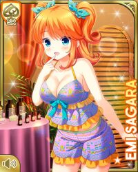 Rule 34 | 1girl, barefoot, blue bow, blue eyes, bow, breasts, card (medium), character name, girlfriend (kari), indoors, large breasts, official art, open mouth, orange hair, purple shirt, purple shorts, qp:flapper, sagara emi, shirt, shorts, smile, standing, tagme, two side up