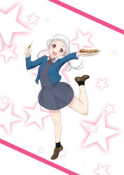 Rule 34 | 1girl, absurdres, arashi chisato, artist name, artist request, bare legs, belt, black socks, blue cardigan, blue jacket, blush, bow, bowl, bowtie, breasts, brown footwear, buttons, cardigan, collared shirt, cropped jacket, double bun, dress, dress shirt, female focus, food, full body, grey belt, grey shirt, grey skirt, hair bun, hair tie, highres, holding, holing bowl, jacket, long hair, long sleeves, looking at viewer, love live!, love live! superstar!!, miniskirt, neck ribbon, o-ring, o-ring belt, parted lips, plaid, plaid skirt, pleated, pleated skirt, red bow, red eyes, red ribbon, ribbon, school uniform, shirt, shoes, skirt, small breasts, smile, socks, solo, standing, standing on one leg, star (symbol), takoyaki, twintails, white background, white hair, white shirt, wing collar, yuigaoka school uniform