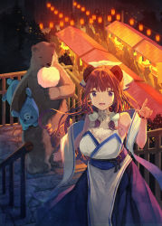 Rule 34 | 1girl, animal ears, bear, bear ears, blue eyes, bow, breasts, brown hair, cleavage, cotton candy, festival, hair bow, hair ornament, highres, index finger raised, kururi, lace, lantern, large breasts, licking lips, long hair, looking at viewer, night, official art, outdoors, paper lantern, shirokuma tensei, sidelocks, stairs, standing, stuffed animal, stuffed toy, teddy bear, thick eyebrows, tongue, tongue out, very long hair, white bow