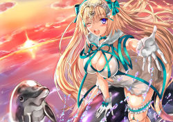 Rule 34 | 1girl, ;d, absurdres, blonde hair, blue hairband, blue ribbon, blush, breasts, cleavage, clothing cutout, commentary request, detached collar, dolphin, fate/grand order, fate (series), fur collar, gloves, hairband, headpiece, highres, jeanne d&#039;arc (fate), jeanne d&#039;arc (ruler) (fate), jeanne d&#039;arc (swimsuit archer) (fate), jeanne d&#039;arc (swimsuit archer) (third ascension) (fate), large breasts, long hair, looking at viewer, navel cutout, ocean, one-piece swimsuit, one eye closed, open mouth, outstretched hand, purple eyes, ribbon, riding, smile, solo, sunset, swimsuit, swimsuit skirt, thigh strap, uchida shou, very long hair, water, white gloves, white one-piece swimsuit