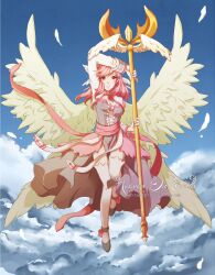 1girl arch_bishop_(ragnarok_online) black_shoes blue_sky blush breasts cloud commentary dress english_commentary english_text feathered_wings flying full_body grey_dress highres holding holding_staff long_hair looking_at_viewer medium_breasts pink_eyes pink_hair pink_sash ragnarok_online sash shoes sky solo squaffle1 staff two-tone_dress white_dress wings yellow_wings