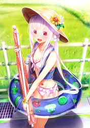 Rule 34 | 1girl, :d, aiuabo, albino, bag, beach umbrella, bikini, blue nails, blue vest, bottle, bracelet, breasts, choker, closed umbrella, commentary request, day, fence, flower, flower bracelet, food print, front-tie bikini top, front-tie top, hair flower, hair ornament, hat, hat flower, highres, holding, innertube, jewelry, long hair, looking at viewer, nail polish, open mouth, original, outdoors, print innertube, red eyes, shoulder bag, side-tie bikini bottom, sidelocks, small breasts, smile, solo, straw hat, swim ring, swimsuit, twintails, umbrella, very long hair, vest, water bottle, white bikini, white choker, white flower, white hair, yellow flower