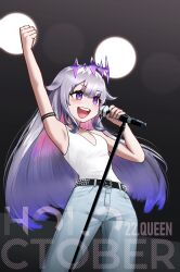 1girl absurdres arm_up belt black_belt blue_pants blurry blurry_background circlet clenched_hand commentary cosplay cowboy_shot denim english_commentary freddie_mercury freddie_mercury_(cosplay) gradient_hair grey_hair highres holding holding_microphone_stand hololive hololive_english jeans koseki_bijou long_hair microphone microphone_stand multicolored_hair pants purple_eyes purple_hair queen_(band) radi_(pixiv_88192217) solo spotlight standing studded_belt tank_top virtual_youtuber white_tank_top