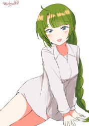Rule 34 | 1girl, absurdres, blue eyes, braid, collared shirt, dress shirt, green hair, highres, kantai collection, long hair, long sleeves, looking at viewer, mole, mole under mouth, one-hour drawing challenge, robinson (day l full), shirt, simple background, single braid, sitting, solo, very long hair, white background, white shirt, yokozuwari, yuugumo (kancolle)