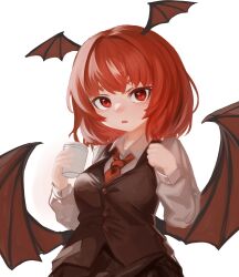 Rule 34 | 1girl, absurdres, bat wings, breasts, buttons, cup, eyebrows hidden by hair, hands up, head wings, highres, holding, holding cup, koakuma, large breasts, lenserd, light blush, long sleeves, looking at viewer, low wings, medium hair, necktie, open mouth, red eyes, red hair, red necktie, shirt, simple background, solo, touhou, upper body, vest, white background, wing collar, wings