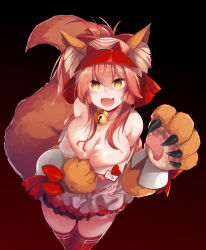 Rule 34 | 1girl, absurdres, animal ear fluff, animal ears, animal hands, apron, arm up, bell, bow, breasts, character name, cleavage, clothes writing, collar, collarbone, dress, fang, fate/extra, fate/grand order, fate (series), fox ears, fox girl, fox tail, gloves, hair between eyes, hair bow, highres, jingle bell, kana616, large breasts, long hair, looking at viewer, lostroom outfit (fate), neck bell, open mouth, paw gloves, pink hair, ponytail, puffy short sleeves, puffy sleeves, red bow, red thighhighs, short sleeves, sidelocks, smile, solo, striped clothes, striped dress, tail, tamamo (fate), tamamo cat (fate), thighhighs, thighs, visor cap, white apron, yellow eyes